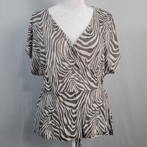 Banana Republic linen short sleeve zebra print wrap top size L gray white career